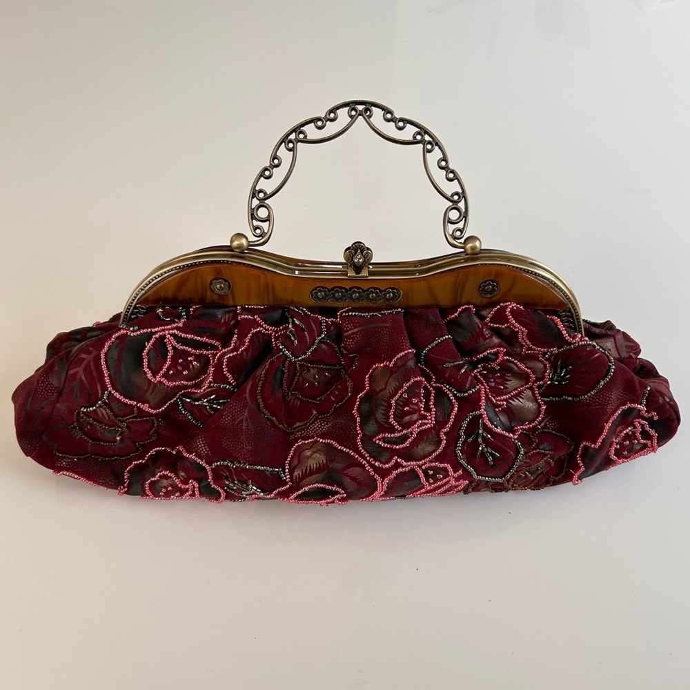 Red Beaded clutch or shoulder bag removable top handle and strap